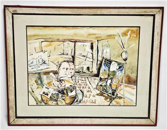A watercolor painting of a surreal interior scene featuring a figure with multiple faces, surrounded by books and an easel.