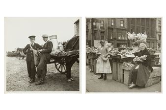 HEADLEY'S BRIDGE - POSTMAN & NONCHALANT FELLOW / FRUIT & VEGETABLE WOMEN, DUBLIN, c.1930s. Vintage silver gelatin prints (2), sheet sizes 205mm x 205mm, with typed label affixed, inscrition in ink, and the photographer's / Black Star's credit stamps verso. - Branson De Cou