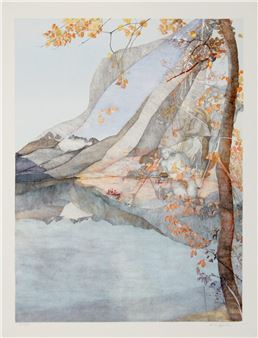 A layered watercolor landscape featuring a tree, mountains, and a lake with autumnal tones.