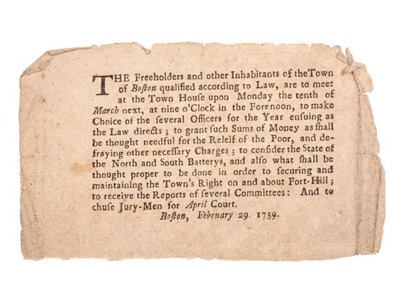 Inhabitants | COLONIAL]. Printed handbill announcing to The Freeholders ...