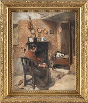 A lady and a cat sitting near a fireplace - Ellen Starbuck