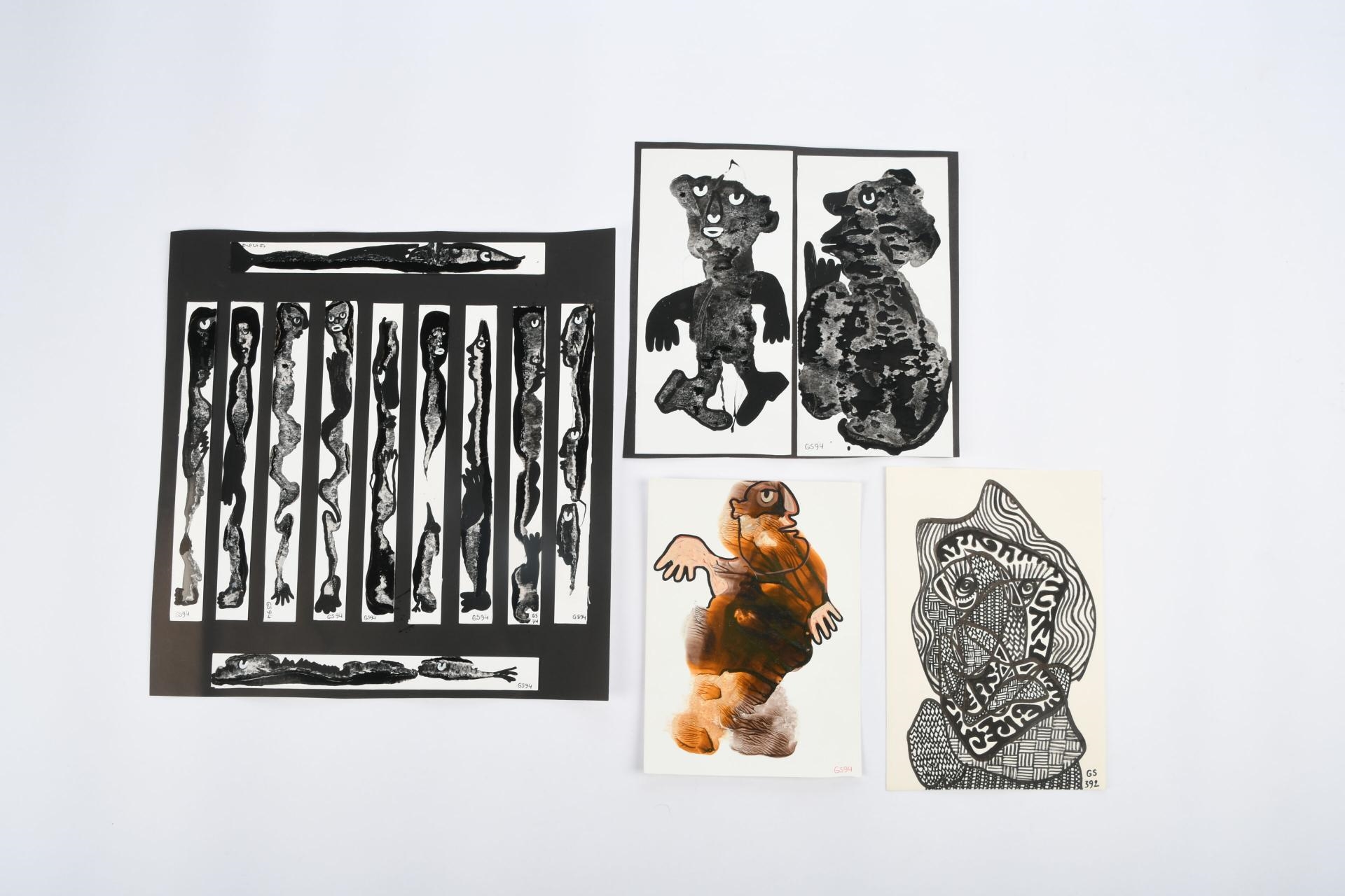 Artwork by Gérard Sendrey, personnages et compositions Quatre œuvres en technique mixte de collage et peinture, Made of Paint on paper