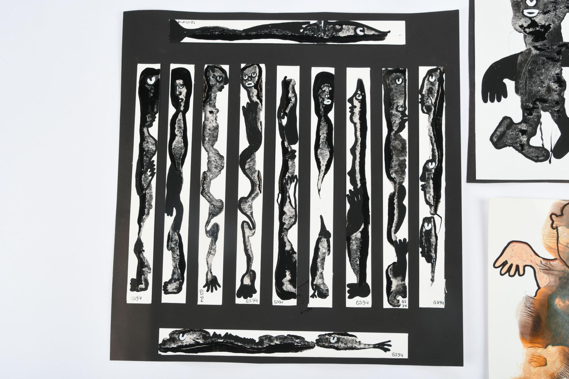 Artwork by Gérard Sendrey, personnages et compositions Quatre œuvres en technique mixte de collage et peinture, Made of Paint on paper