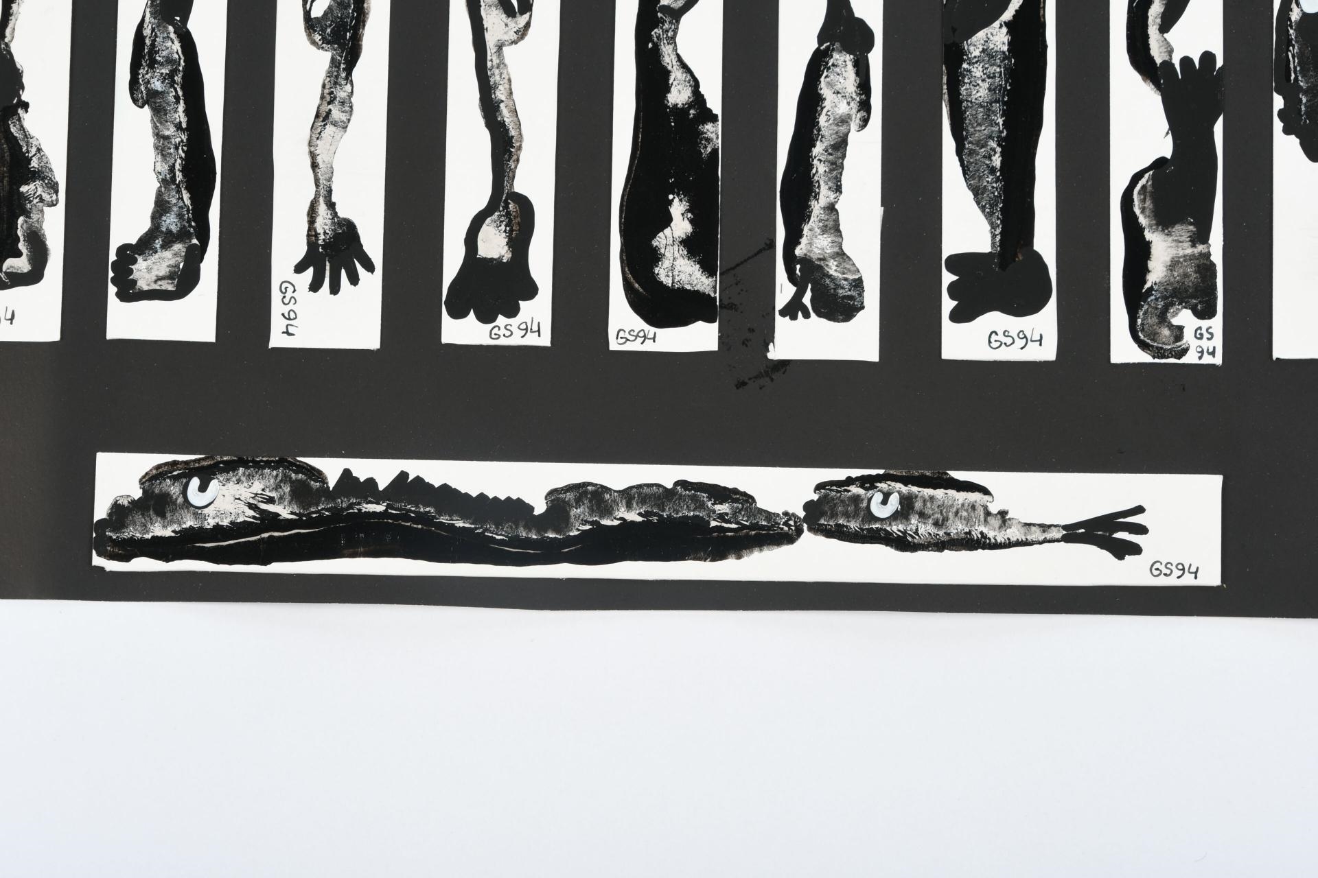 Artwork by Gérard Sendrey, personnages et compositions Quatre œuvres en technique mixte de collage et peinture, Made of Paint on paper