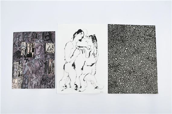 . "danse" et "étude 16", trois encres de chine et crayons sur papier....