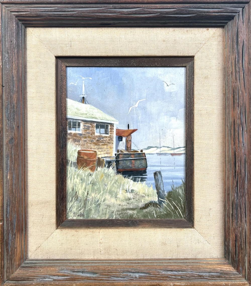 Ben Neill | Fishing boat at dock beside a fishing shack | MutualArt