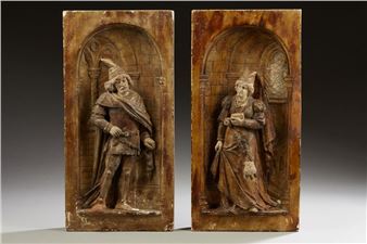 Man with hat carrying sword and feather and woman with book - Victor Aimone