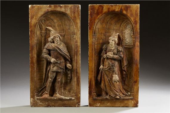 Man with hat carrying sword and feather and woman with book - Victor Aimone