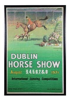 A vintage poster for a horse show featuring a dynamic equestrian scene with a rider and horse mid-jump.