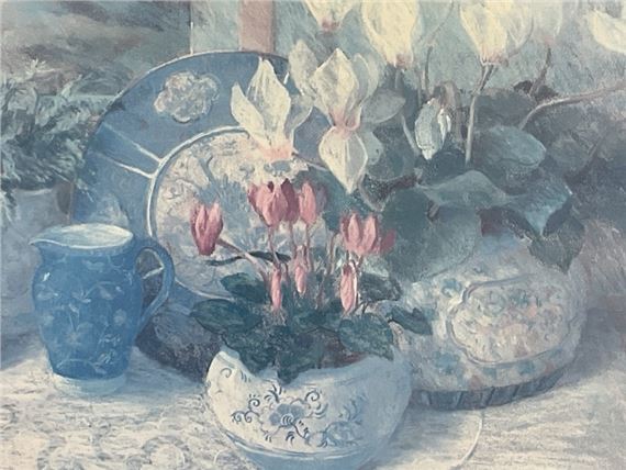 Jackie Simmonds | vessels and flowers on a ledge with cloth | MutualArt