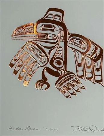 Artwork by Bill Reed, "Haida Raven" Xuuya, Made of copper embossed