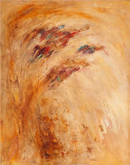 An abstract expressionist painting featuring a face-like form in warm earth tones.