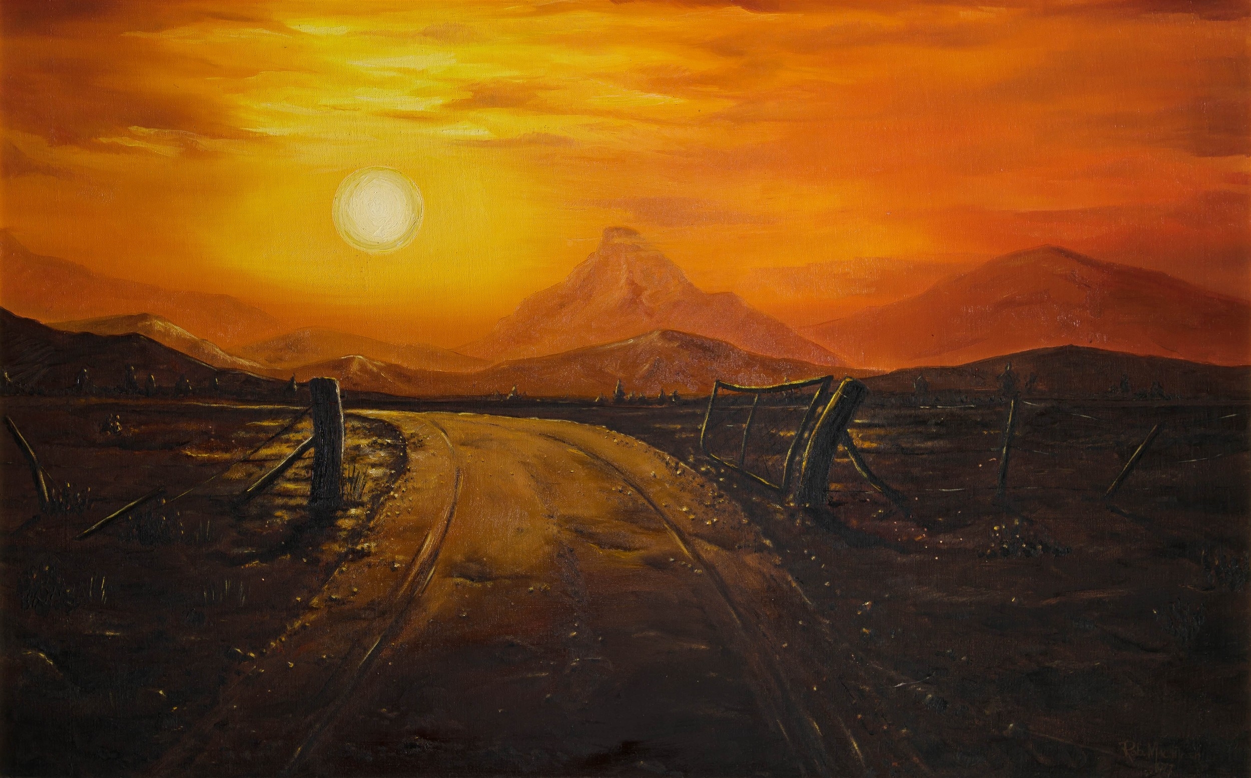 Artwork by Robert Macintosh, ROAD AT SUNSET, Made of oil on board