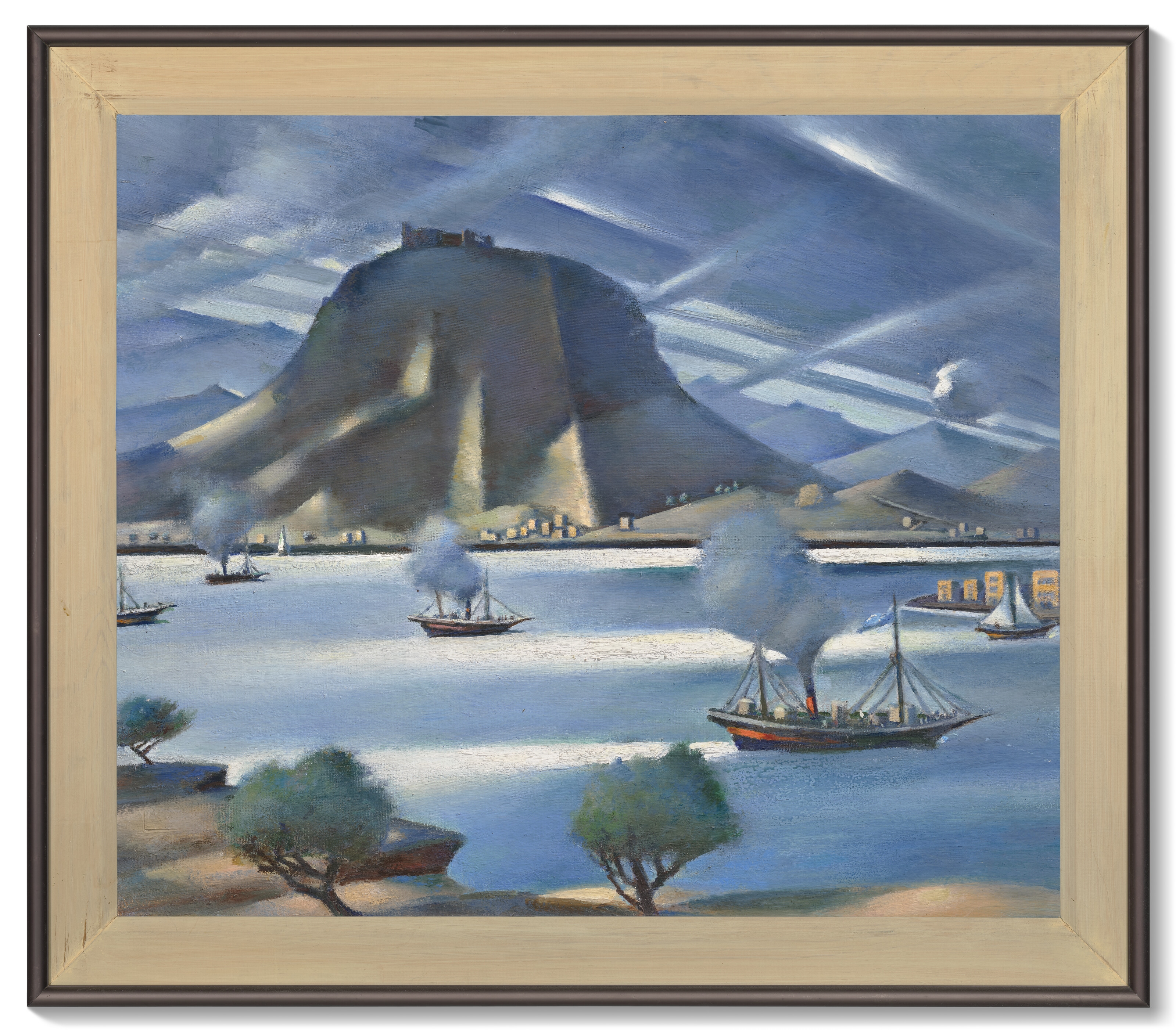 Artwork by Mahmoud Said, Vue de la plage à Cassata en Grèce (View of the beach in Cassata in Greece), Made of oil on board
