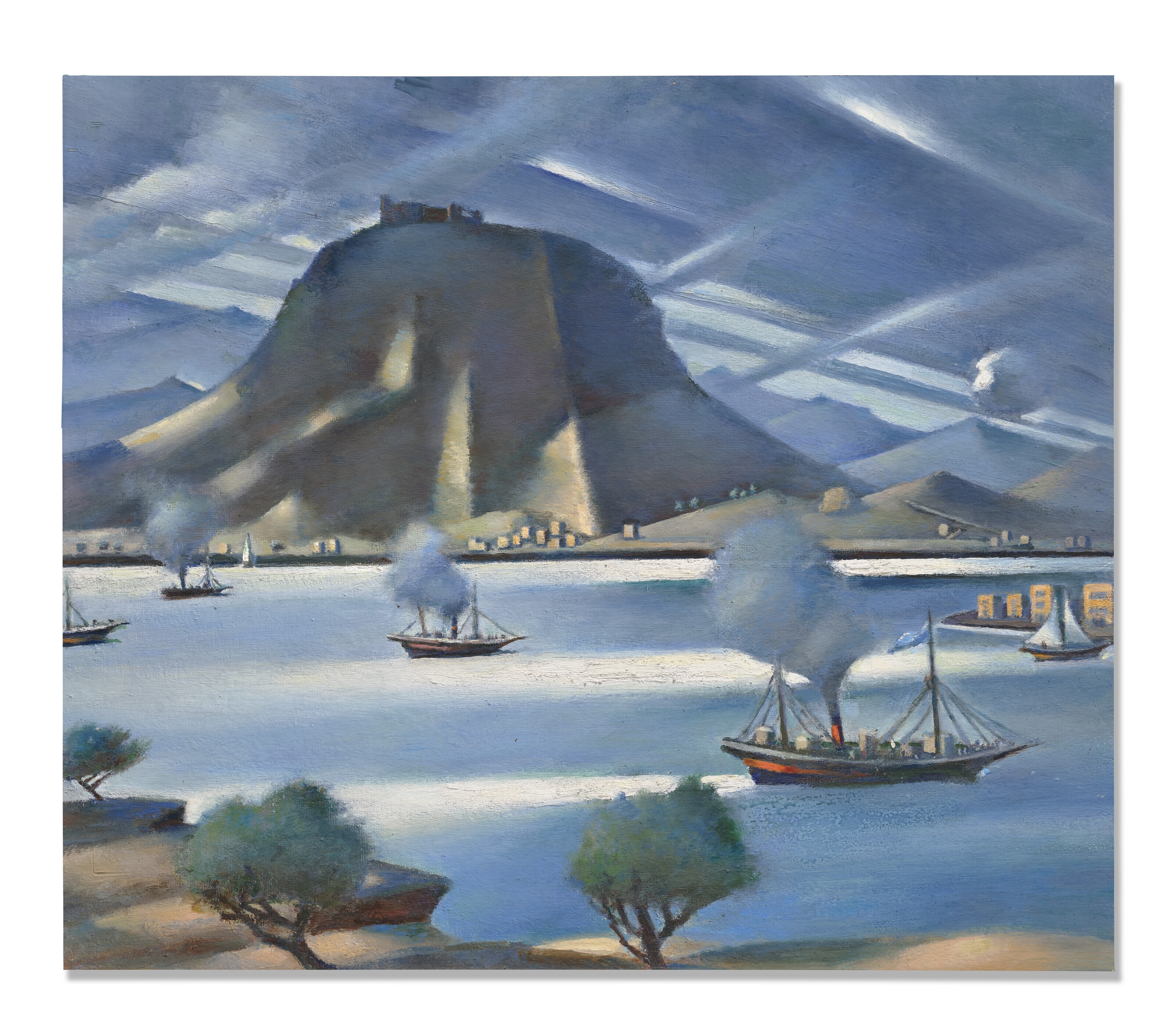 Artwork by Mahmoud Said, Vue de la plage à Cassata en Grèce (View of the beach in Cassata in Greece), Made of oil on board
