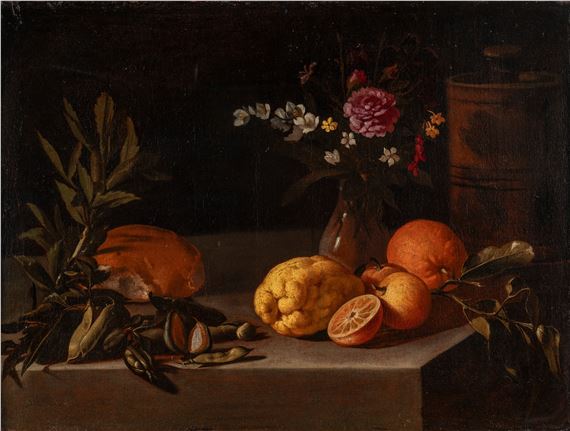 Citrus fruits, flower vase, legumes and loaf of bread by Luca Forte