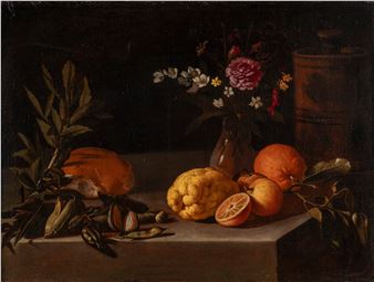 Citrus fruits, flower vase, legumes and loaf of bread - Luca Forte