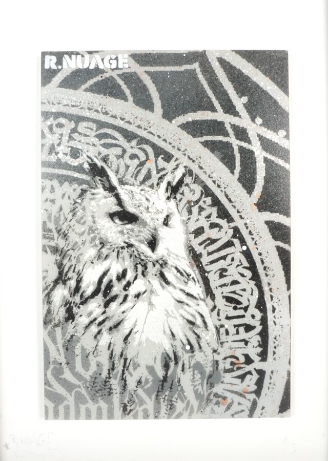 Artwork by R.Nuage, Black Owl, Made of stencil on plexiglass
