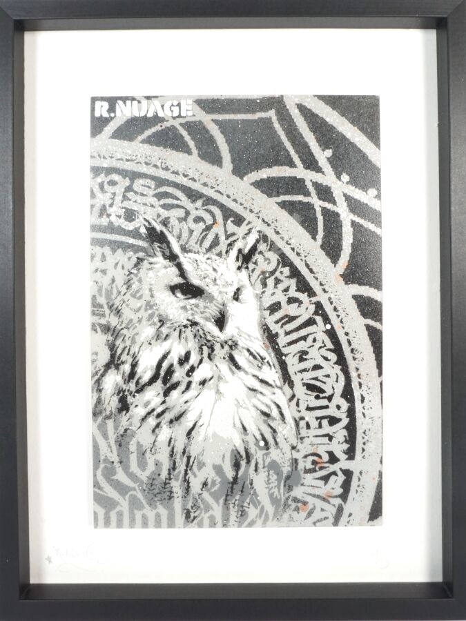 Artwork by R.Nuage, Black Owl, Made of stencil on plexiglass