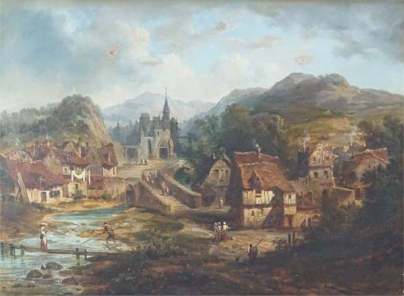 Paysage animé en bord de rivière by Alexandre Defaux, 1850