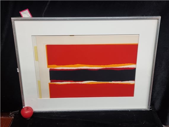 Star lot: A fabulous limited edition )   print cs. Features fabulous abstracted colour blocks in rich red, orange and black tones. 

MM: cm x cm including frame - Benny Dore