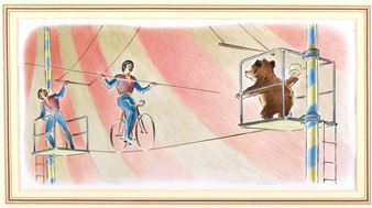 Fred Banbery (British, 1913 - 1999). 'Before The Others Could Stop Him Paddington Was Half Way Up The Nearest Tent Pole'. Pen, ink and watercolour on paper. Artwork size 14.5 x 29cm. Framed and glazed, size of frame 44.5 x 59.5cm. Features in the book 'Paddington at the Circus', London Collins: 1973, pages 18 and 19 - Fred Banbery