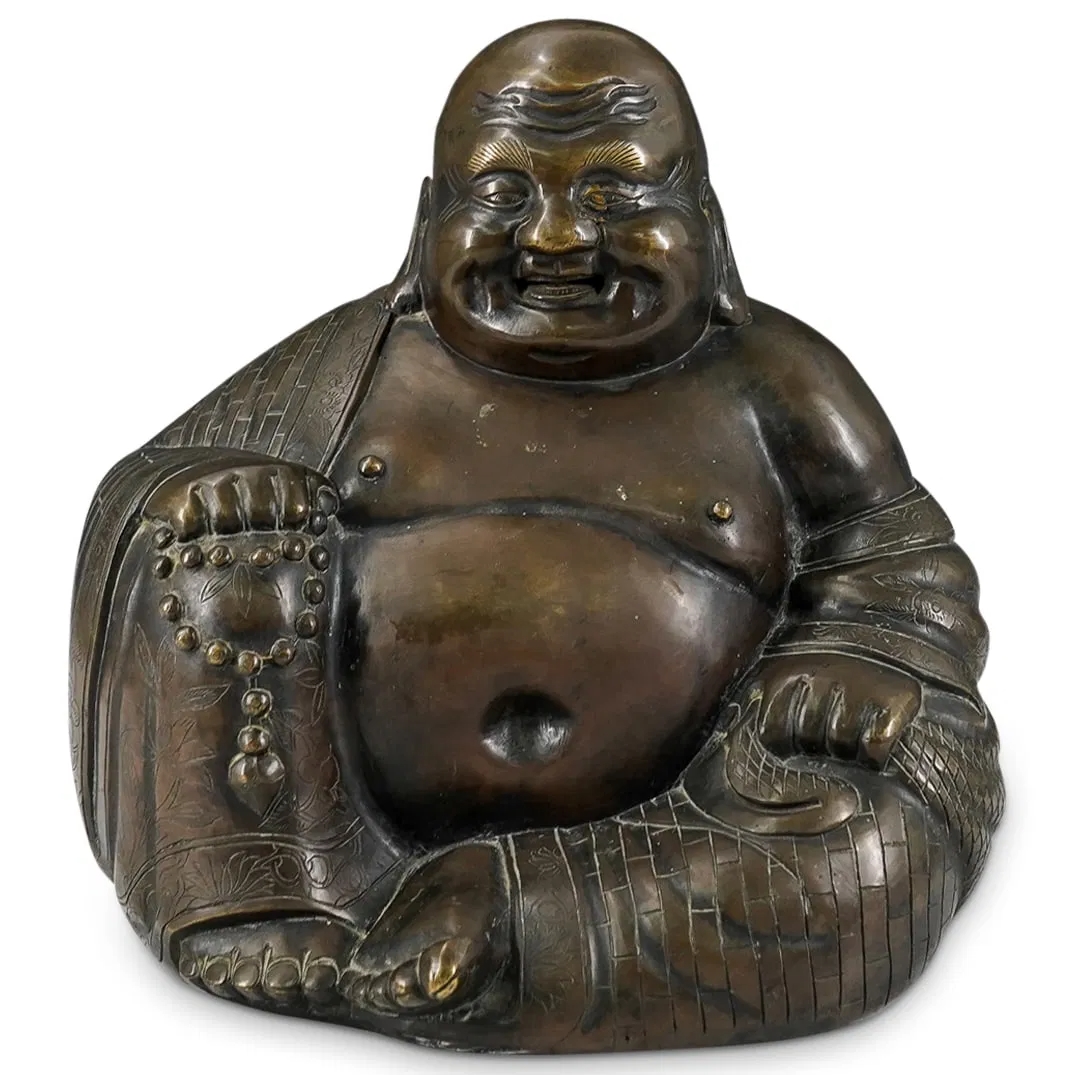 Artwork by Chinese School, 19th Century, Budai holding prayer beads in one hand and a bag of coins in the other, his robe decorated with flowers and foliage, Made of patinated bronze