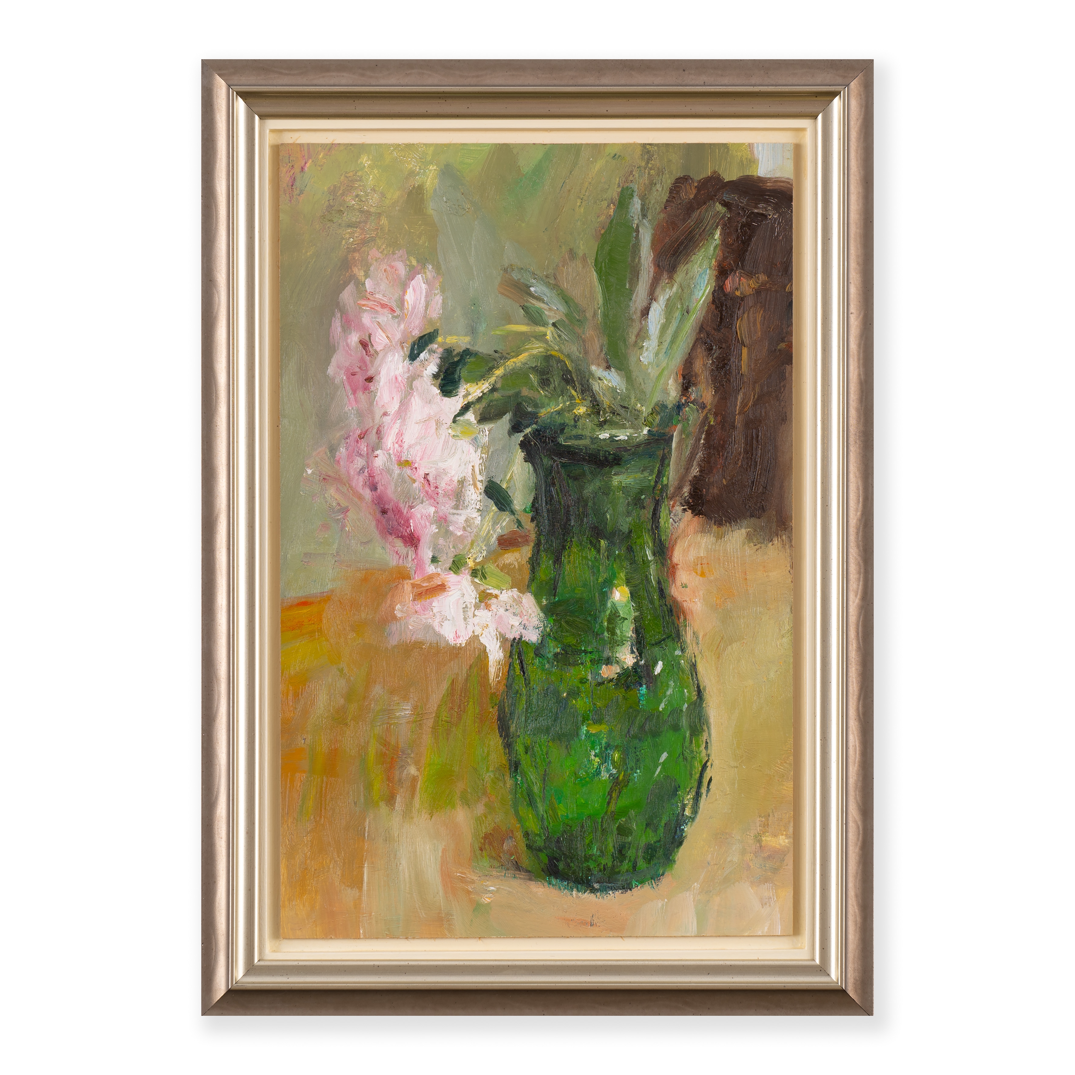 Artwork by Stephen May, Peonies in a Green Vase, Made of oil on board
