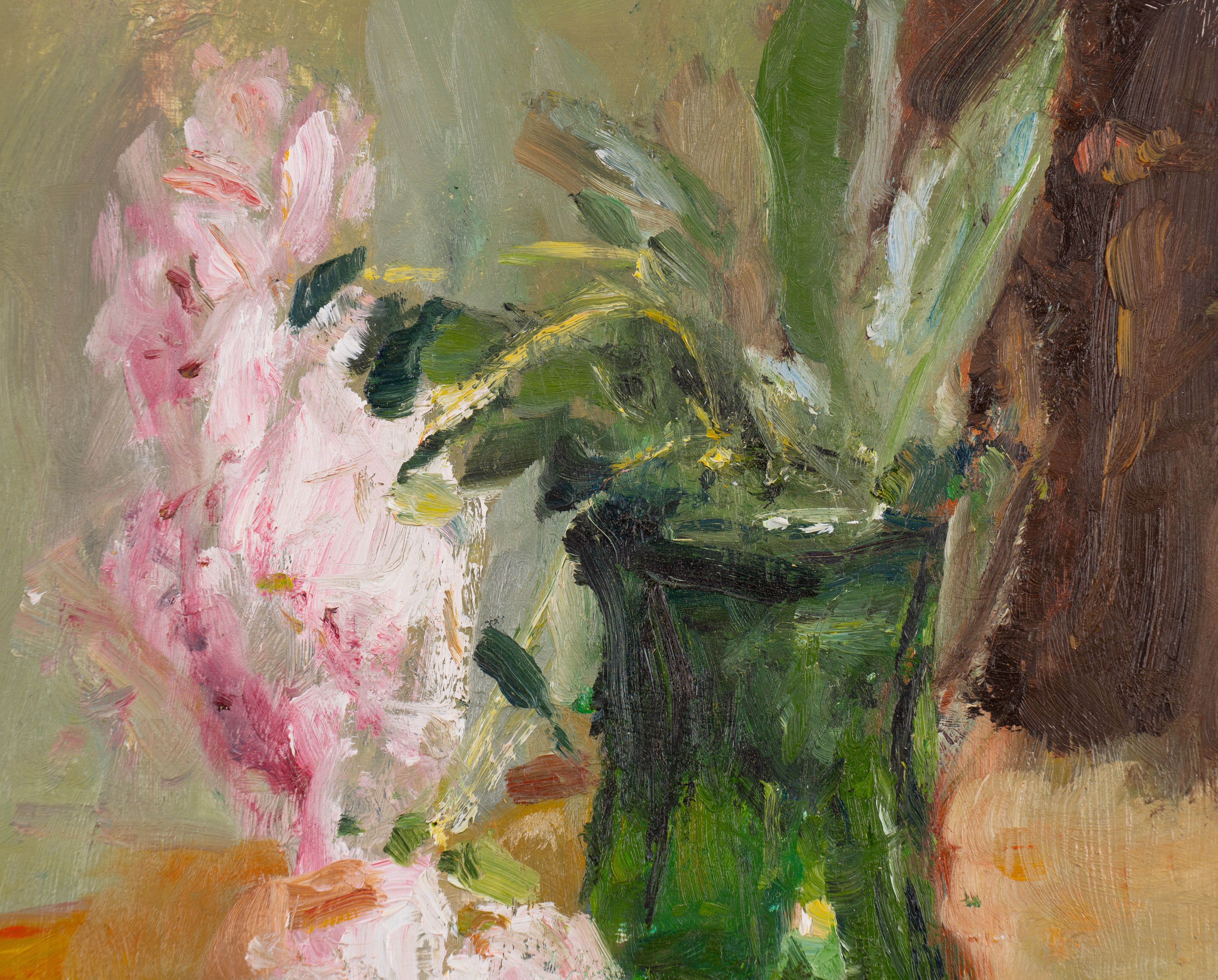 Artwork by Stephen May, Peonies in a Green Vase, Made of oil on board
