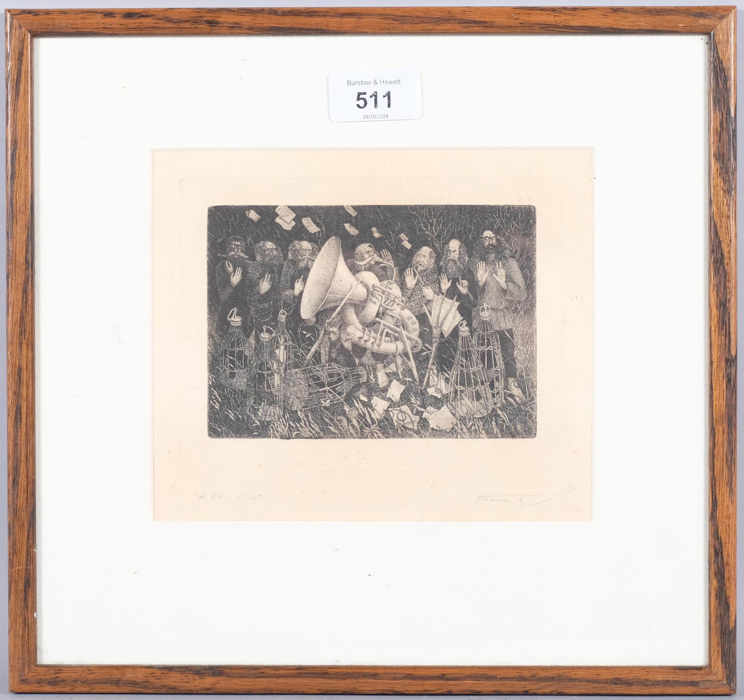 Artwork by Nikolai Nikolaevich Baskakov, "vurtuosi" etching of musician, Made of etching