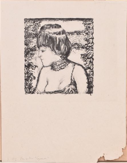 A black-and-white woodcut portrait of a woman in profile, framed by foliage.