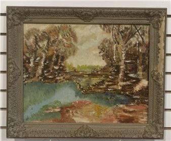 L) Acrylic Painting Of Trees And Pond. Signed - Judy Sataski
