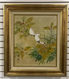 L) Watercolor Painting Of White Birds. Signed - Rei Fukaya