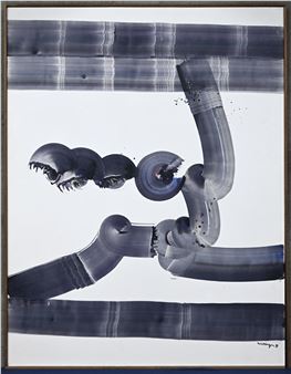 Grafisch abstract”. Een schilderij, gemengde techniek op papier. Onderaan en verso gesigneerd en gedateerd ‘79 - Francis Warringa