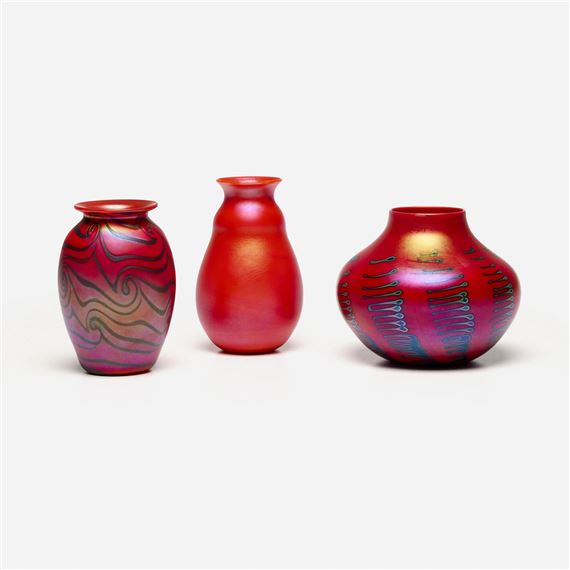 Collection of three Early Mandarin Red vases by Charles Lotton, 1973-1977