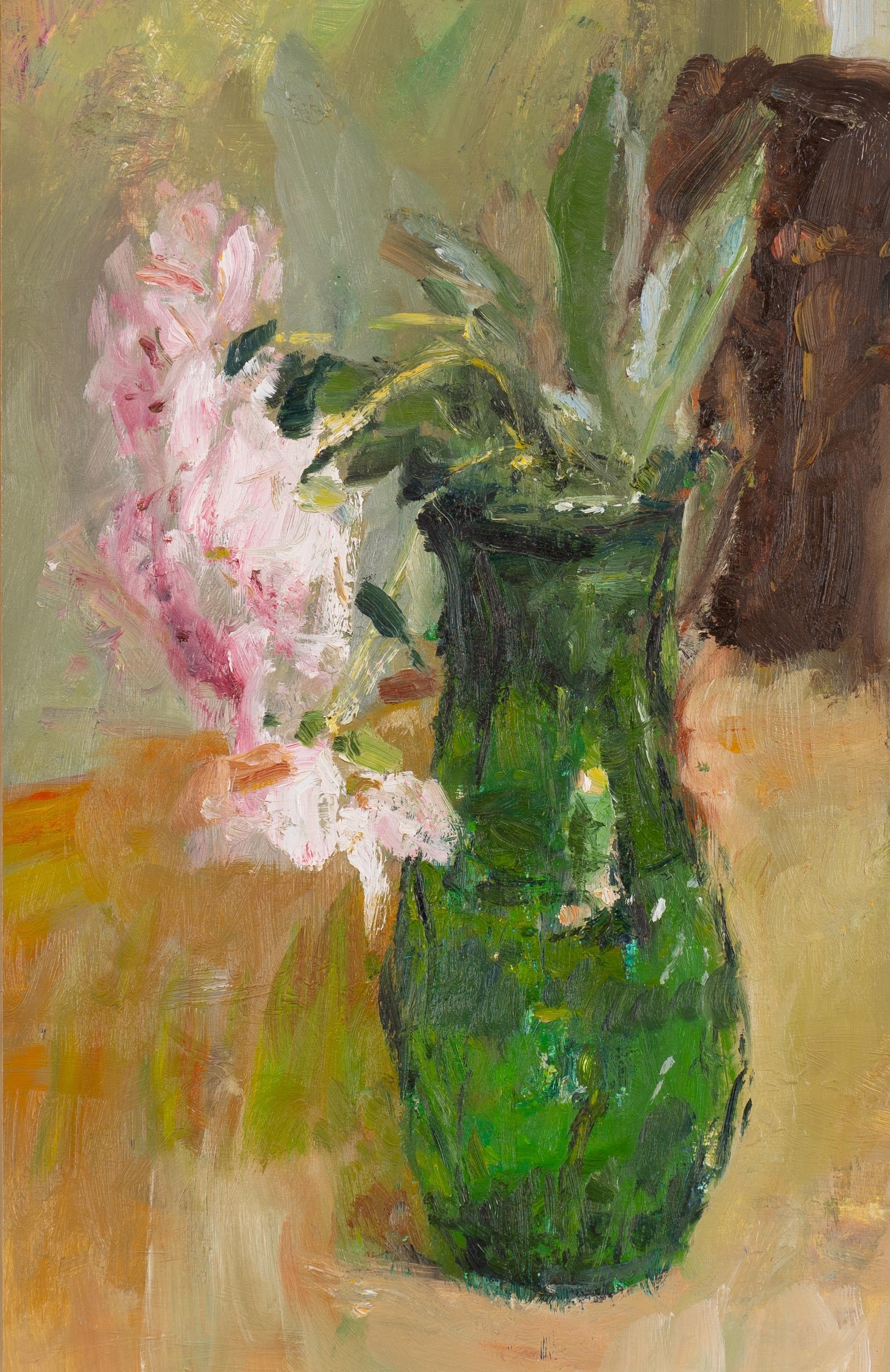 Artwork by Stephen May, Peonies in a Green Vase, Made of oil on board