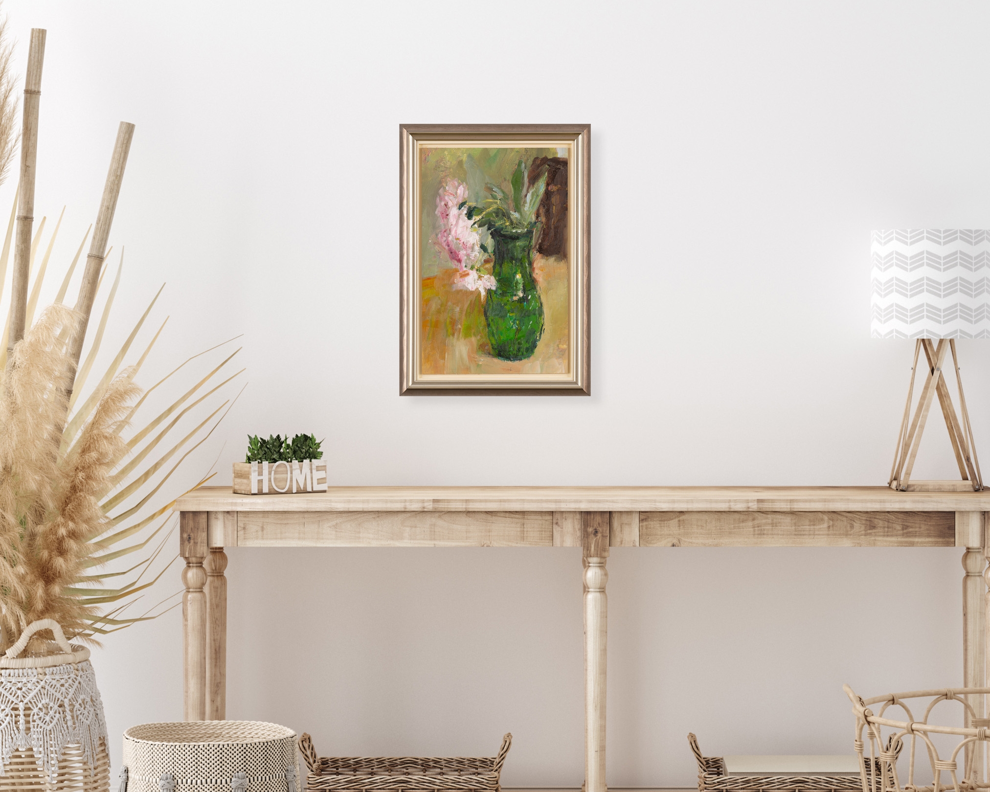 Artwork by Stephen May, Peonies in a Green Vase, Made of oil on board