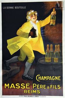 A vintage advertisement poster featuring a joyful figure in a yellow coat holding up a bottle of champagne.