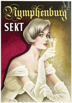 A glamorous vintage advertisement featuring a woman in an elegant white dress holding a champagne glass.