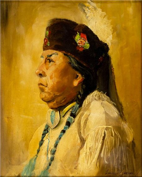 A profile portrait of a figure in traditional attire against a warm, textured background.