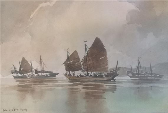 Malaysian. Malaysian Junks against Shoreline by Yong Mun Sen, Dated 1949