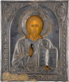IKONE MIT CHRISTUS PANTOKRATOR MIT VERMEIL-OKLAD - Seliverst Gerasimovich Volkov