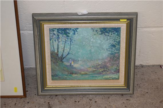 Oil on board of a woodland scene with figures by Derek Hutchinson by Derek Hutchinson