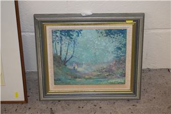 Oil on board of a woodland scene with figures by Derek Hutchinson - Derek Hutchinson