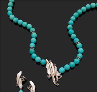 COLLAR of turquoise choker balls and sapphire line rings - Jean Vendome