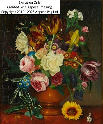 Artwork by Erick Josef Dogarth, Blumenstück mit Schnecke, Made of Öl auf Holz