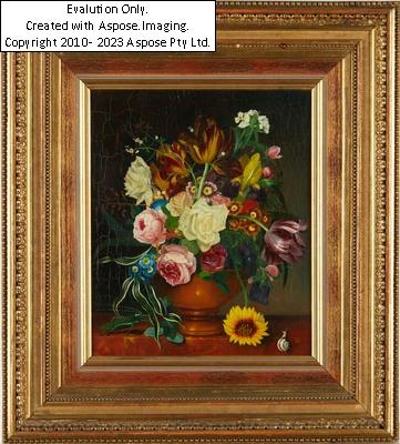 Artwork by Erick Josef Dogarth, Blumenstück mit Schnecke, Made of Öl auf Holz