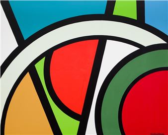 A vibrant geometric composition featuring bold, overlapping shapes in primary and secondary colors.