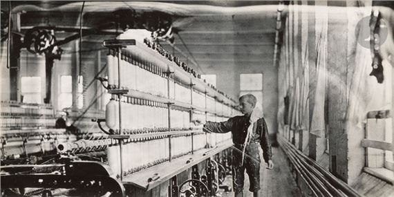 Pea Shellers [Mule-spinning room in Chace Cotton Mill]. Burlington, Vermont, May 7, 1909. by Lewis Hine, 1909