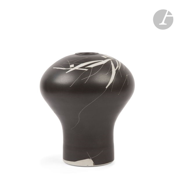 Artwork by Robert Deblander, Abstract composition Obovoid vase; the neck is small and annular, Made of black enameled porcelain